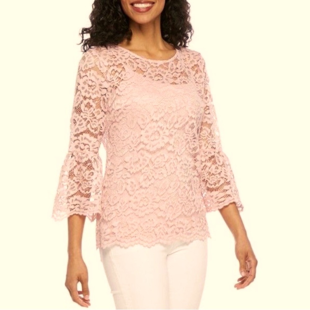 Liz Claiborne Boho Pink Crochet Lace Bell Sleeve Blouse Size S NWT